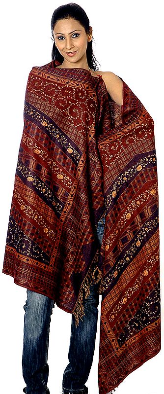 Maroon and Coffee Jamawar Shawl with Needle-Stitch Embroidery by Hand