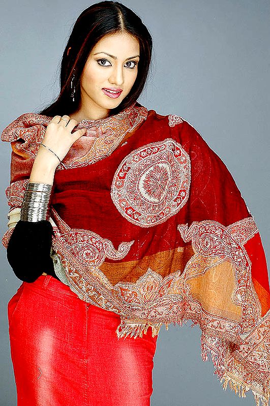 Maroon and Gray Jamawar Stole with Beads