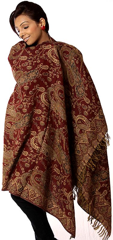 Maroon and Khaki Reversible Jamawar Shawl with All-Over Weave