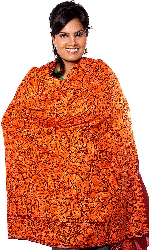 Maroon and Orange Kashmiri Shawl with Embroidered Paisleys