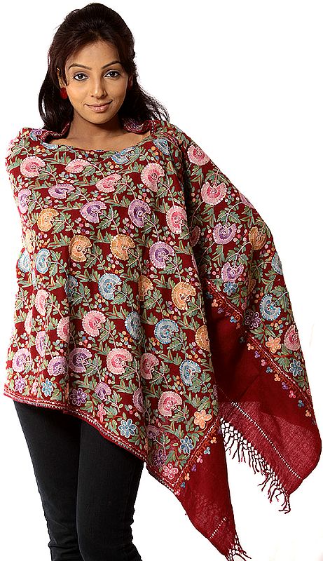 Maroon Aari Stole with Floral Embroidery and Sequins All-Over