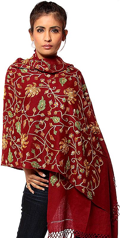 Maroon Crewel Embroidered Stole with Crystals and Sequins