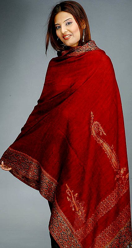 Hand Embroidered Maroon Jamawar Shawl