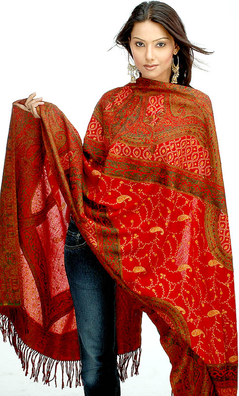 Maroon Jacquard Woven Shawl with Kantha Embroidery and Rich Mughal Motifs