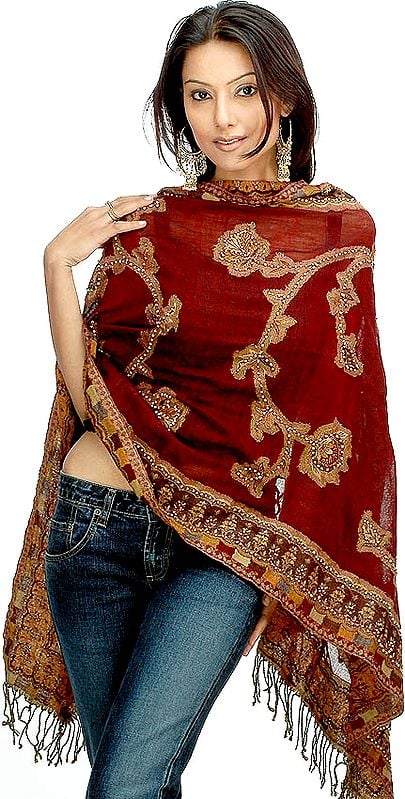 Maroon Jamawar Stole with Wooden Beads