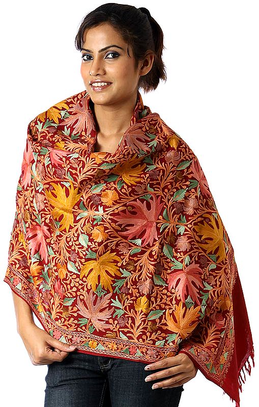 Maroon Jamdani Stole from Kashmir with Embroidered Chinar Leaves