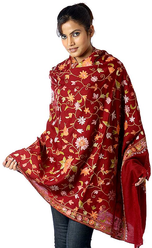 Maroon Kashmiri Shawl with Crewel Embroidery All-Over