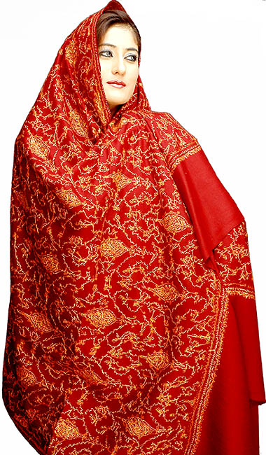 Maroon Kashmiri Shawl with Dense Needle Embroidery by Hand