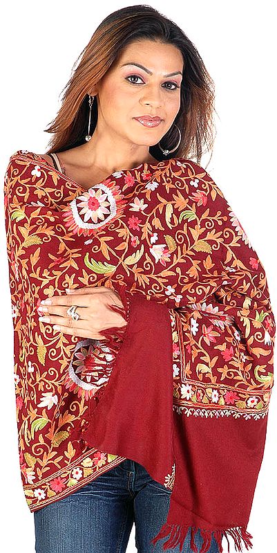 Maroon Kashmiri Stole with Dense Floral Embroidery