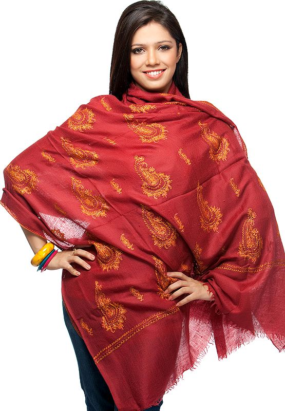 Maroon Pure Pashmina Shawl with All-Over Sozni Hand-Embroidered Paisleys