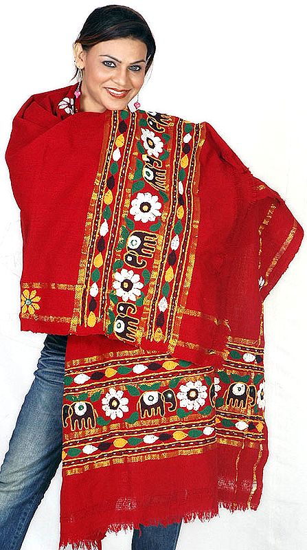 Maroon Shawl from Kutchh with Aari-Embroidered Elephants