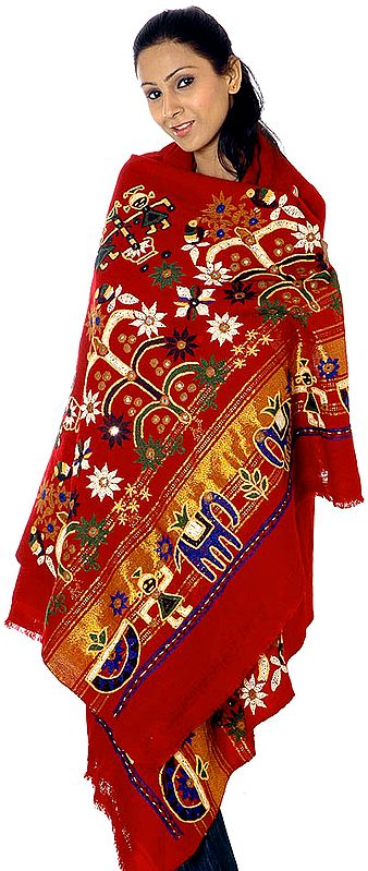Maroon Shawl from Kutchh with Aari-Embroidery and Mirrors