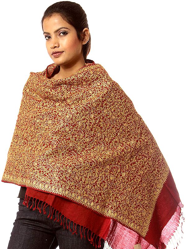 Maroon Stole with Jaal Embroidery in Golden Thread