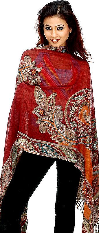 Maroon Stylized Paisley Jamawar Stole | Pure Wool