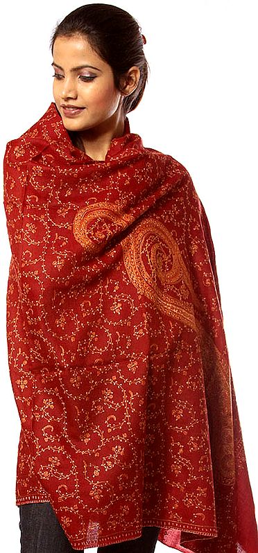 Maroon Tusha Shawl with All-Over Sozni Embroidery by Hand