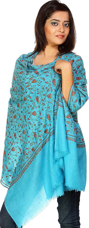 Maui-Blue Pure Pashmina Stole with All-Over Sozni Embroidery by Hand