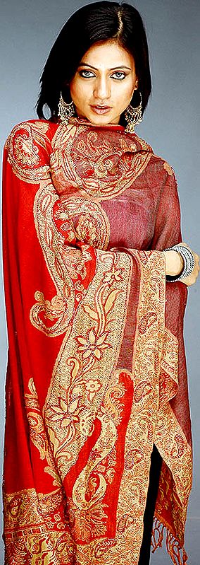 Mauve and Red Jamawar Stole with Beadwork