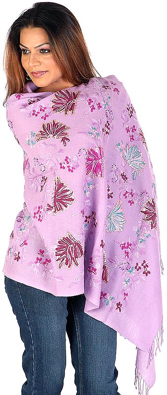 Mauve Stole with All-Over Beads and Chamba Embroidery