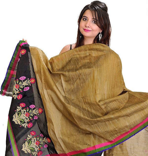 Medal-Brown Dupatta from Banaras with Hand Woven Flowers on Border