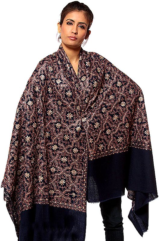 Midnight-Blue Crewel Embroidered Shawl  with Sequins