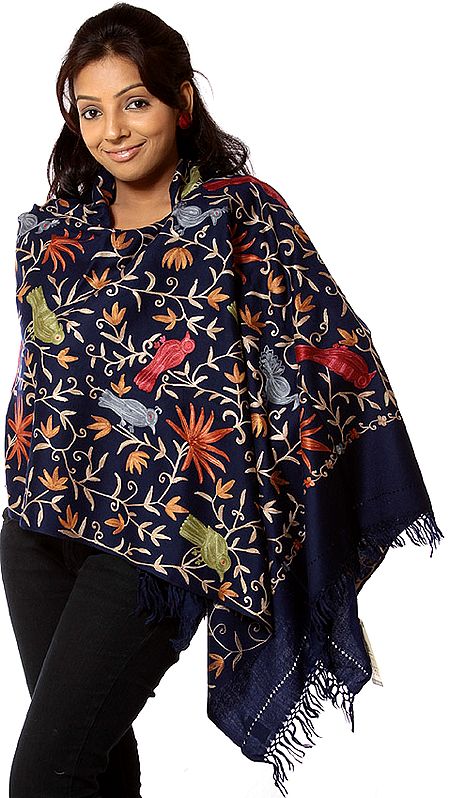 Midnight-Blue Crewel Stole with Embroidered Birds