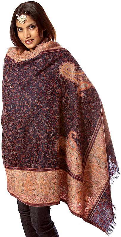 Midnight-Blue Kani Jamawar Shawl with All-Over Weave and Paisleys at Corner