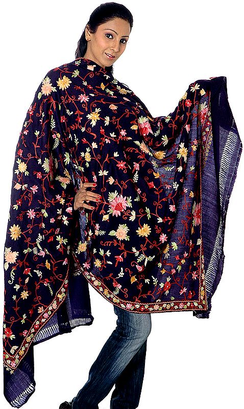 Midnight-Blue Kashmiri Shawl with Crewel Embroidery All-Over