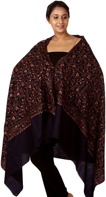 Midnight-Blue Kashmiri Tusha Shawl with Needle Embroidered Flowers by Hand