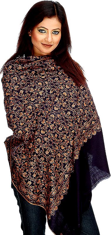 Midnight-Blue Pure Pashmina Shawl with All-Over Dense Kashmiri Embroidery by Hand