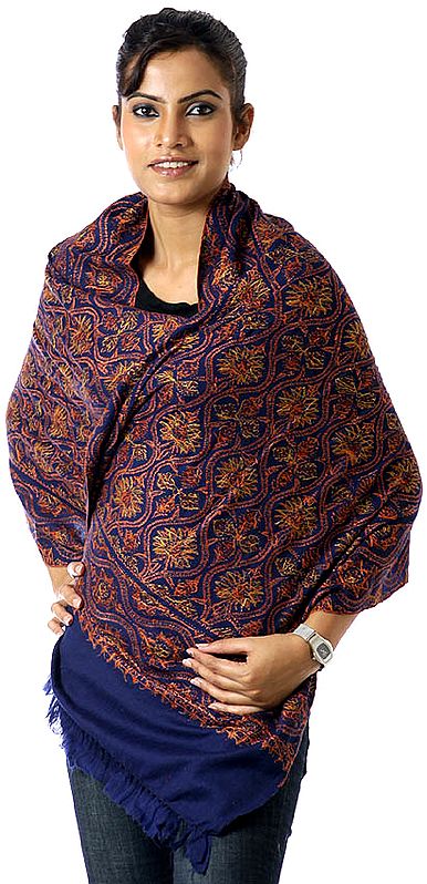 Midnight-Blue Semi-Pashmina Kashmiri Stole with Intricate Jaal Embroidery
