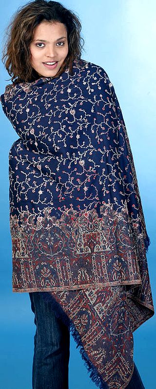 Midnight-Blue Shawl with Kani Border and Jaal Embroidery