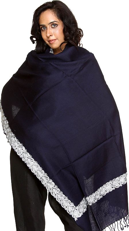Midnight-Blue Stole with Metallic-Silver Embroidery on Border