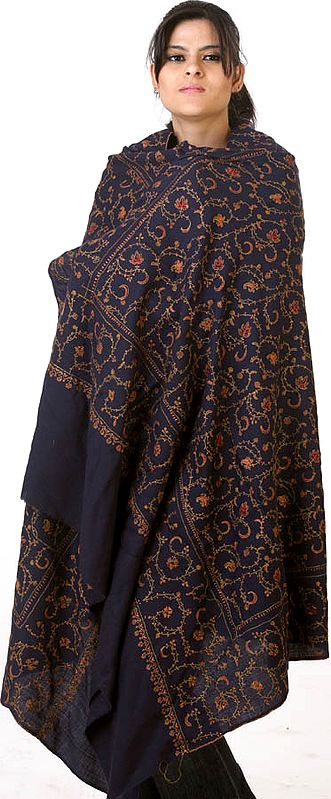 Midnight-Blue Tusha Shawl with All-Over Jafreen Jaal Embroidery