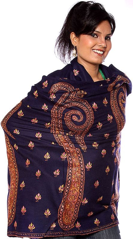 Midnight-Blue Tusha Shawl with Large Sozni Embroidered Paisleys