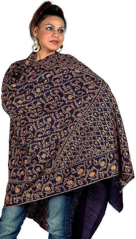 Midnight-Blue Tusha Shawl with Sozni Embroidery All-Over