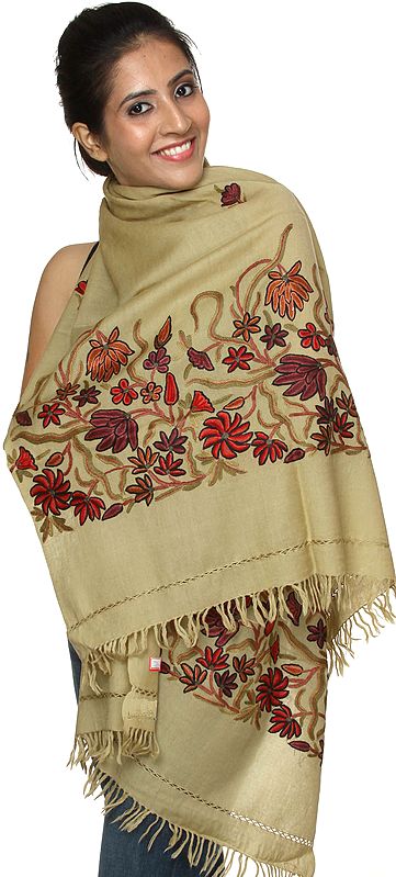 Military-Olive Kashmiri Stole with Hand-Embroidered Flowers on Border
