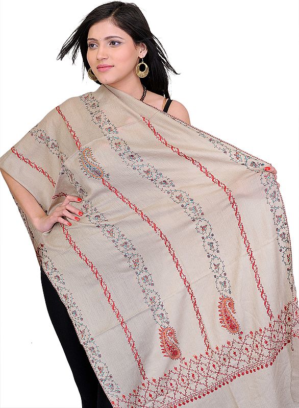 Moonstruck-Gray Kashmiri Stole with Sozni Embroidered Paisleys by Hand