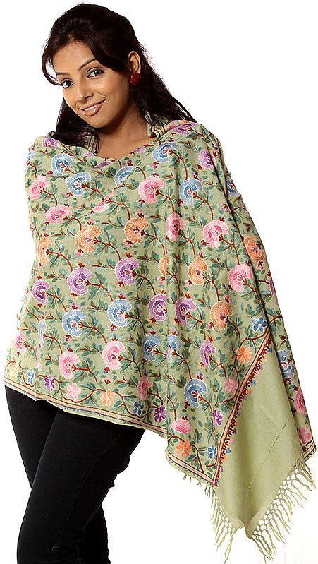 Moss-Green Aari Stole with Floral Embroidery All-Over