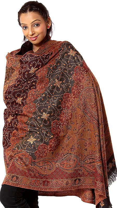 Multi-Color Jamawar Shawl with All-Over Needle Stitch Embroidery by Hand