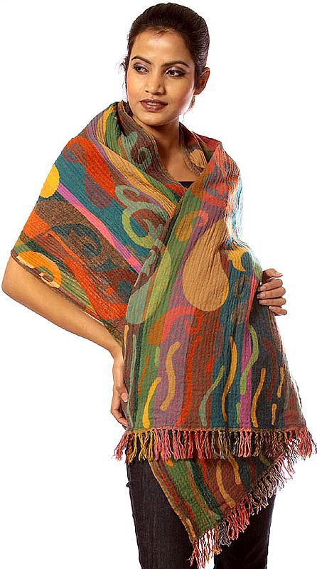 Multi-Color Boiled-Wool Stole with All-Over Paisleys