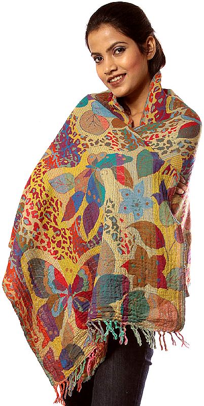 Multi-Color Boiled-Wool Stole with Woven Butterflies