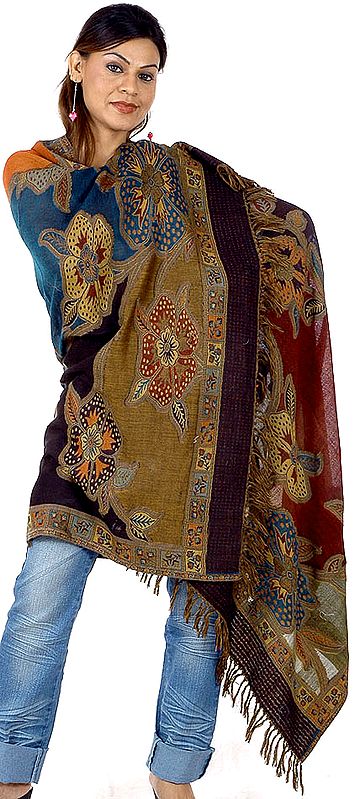 Multi-Color Double-Sided Jamawar Shawl with Floral Weave