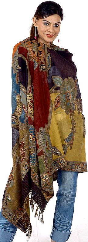 Multi-Color Double-Sided Jamawar Shawl with Floral Weave