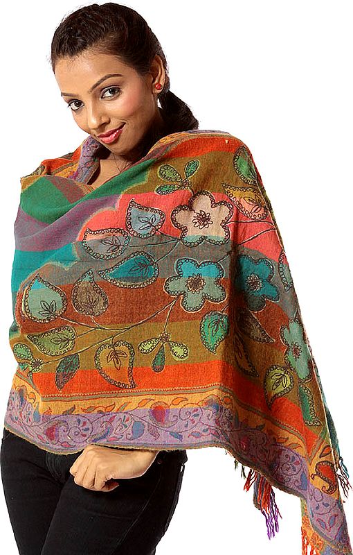 Multi-Color Floral Stole with Threadwork