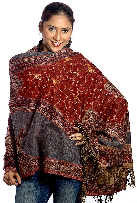 Multi-Color Jamawar Shawl with All-Over Needle Embroidery