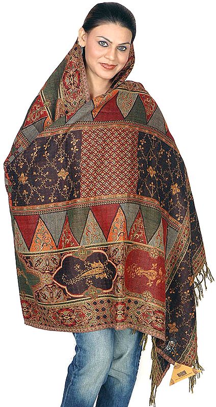 Multi-Color Jamawar Shawl with All-Over Sozni Embroidery
