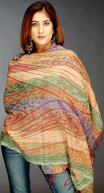 Multi-Color Jamawar Shawl with Sequins