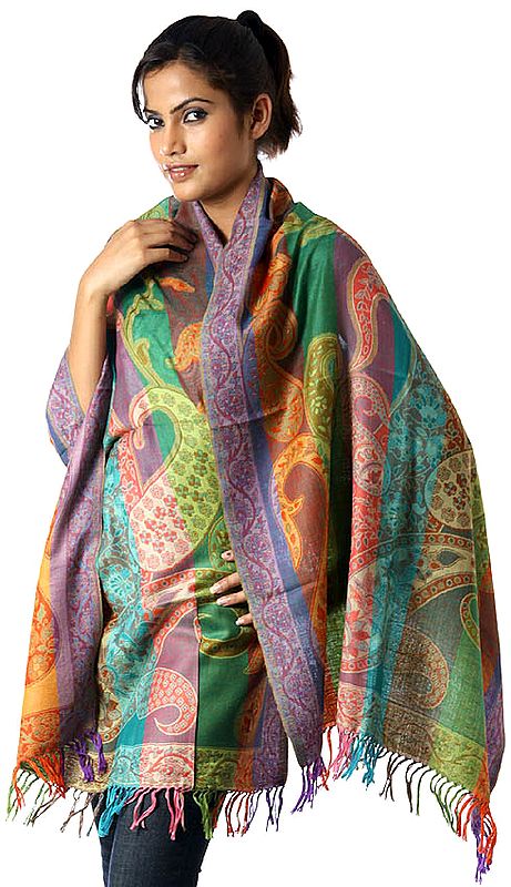 Multi-Color Jamawar Stole with All-Over Paisleys