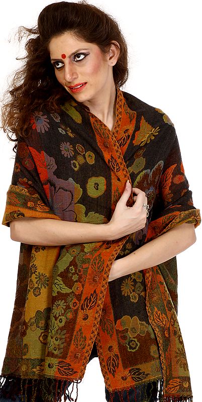 Multi-Color Jamawar Stole with All-Over Woven Flowers and Leaves