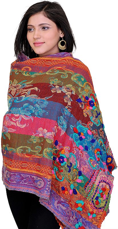 Multi-Color Jamawar Stole with Embroidery on Border